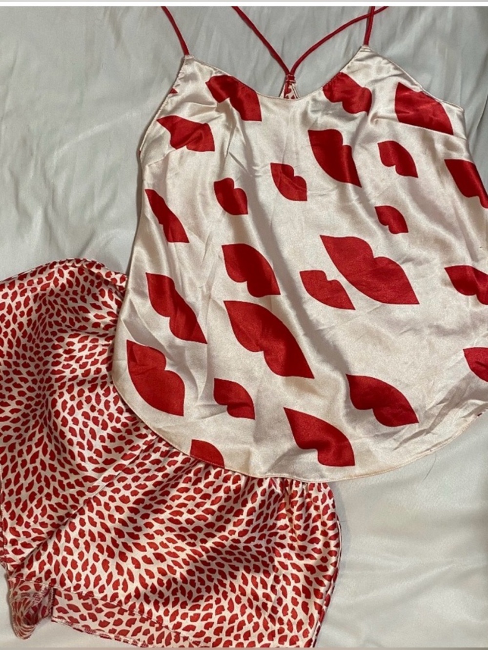 Victoria's Secret Red Lip Print Satin Pajama Set